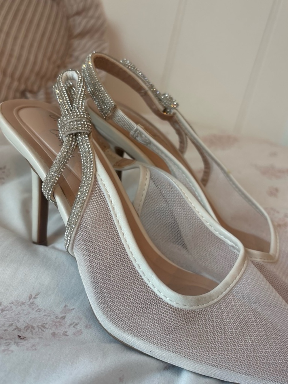 Elegant White Mesh Slingback Heels with Rhinestone Detail